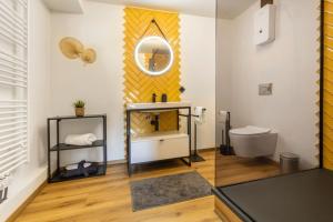 a bathroom with a toilet and a mirror at Happy Place am Waldrand in Plettenberg +11 photos