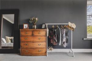 a bedroom with a dresser and a mirror at Little Redlap - Delightful views near Dartmouth in Dartmouth