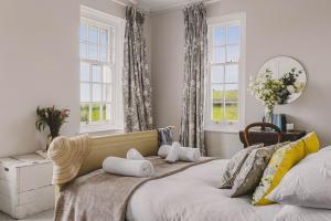 a bedroom with a bed and two windows at Little Redlap - Delightful views near Dartmouth in Dartmouth