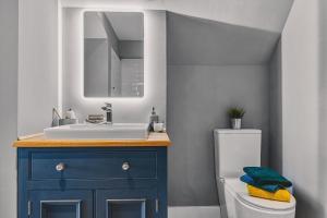 a bathroom with a sink and a mirror over a toilet at Little Redlap - Delightful views near Dartmouth in Dartmouth