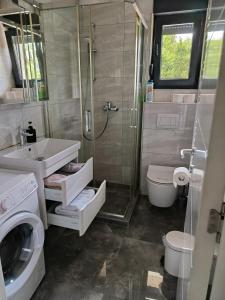 a bathroom with a shower and a sink and a washing machine at Kosmaj in Trebinje +12 photos