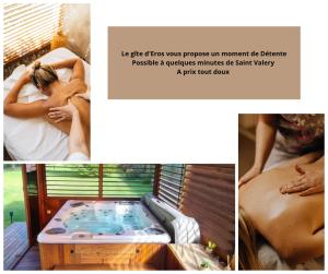 a collage of pictures of a woman in a spa tub at Gîte d’Eros in Saint-Valery-sur-Somme
