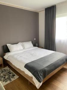 a bedroom with a large bed and a window at Apartament Cristian in Cîmpia Turzii