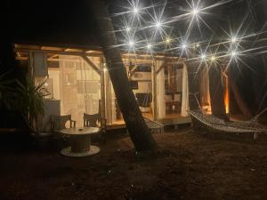 a house with a hammock and a tree at night at Нереида in Sozopol