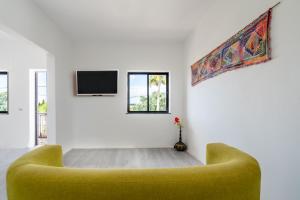 Una sala de estar con un sofá verde y un televisor. en Vivenda Aromas do Algarve, en Monte Raposo