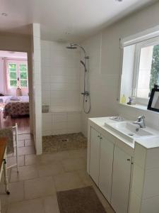 a white bathroom with a shower and a sink at La bergerie in Grignan +7 photos