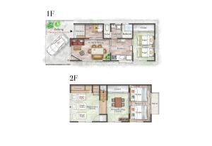 a plan and elevation of a house at Villa Yoko Gifu 4 Bedroom House 9 Guests Free Parking in Gifu