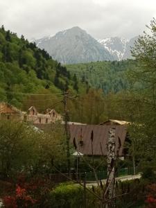 a village with mountains in the background at La munte Azuga in Azuga