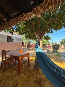 a hammock under a tree with a table and a chair at Simoonga guest house in Livingstone