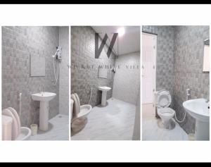 three pictures of a bathroom with two toilets and a sink at WICKET WHITE VILLA in Ratchaburi