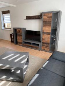 a living room with a couch and a tv at Haus I WIFI I Monteur in Sallgast