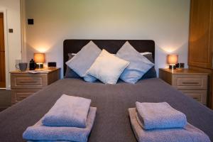 a bedroom with a bed with blue pillows at 80 Breeze Hill in Benllech +15 photos
