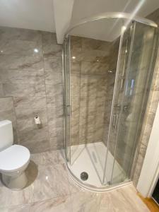 a bathroom with a shower and a toilet at Maloney's The Square Bed & Breakfast in Charlestown +20 photos