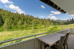 a deck with a wooden table and chairs on a balcony at Haus Gisela in Forbach +46 photos