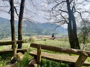 a wooden bench sitting on top of a field at La Casa Del Sole in Terzolas