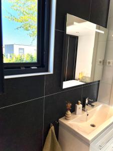 a bathroom with a sink and a mirror at Enkhuizer Strand Chalet Wellenreiter Zweite Reihe Haus Nr 213 in Enkhuizen +14 photos