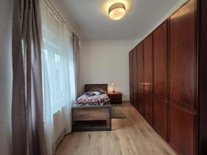 克里米乔Mikra Homes24 in Crimmitschau的一间卧室，里面有一张床和一扇大窗户。 更多1张照片