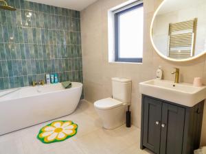 een badkamer met een wastafel, een toilet en een spiegel bij Sea and Sky in Donaghadee +37 foto's