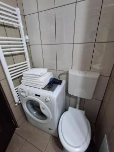 a bathroom with a toilet and a washing machine at Criss Apartament Central in Deva