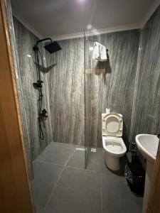un bagno con doccia, WC e lavandino di Emsa Otel Maltepedeki Eviniz a Istanbul