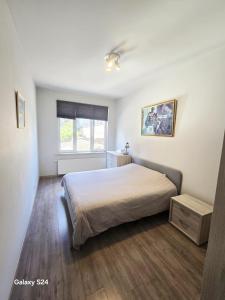 Un dormitorio con una cama grande y una ventana. en Splendid 2 bedroom apartment in Etterbeek, en Bruselas