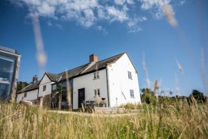 une vieille maison blanche au milieu d'un champ dans l'établissement River Cottage HQ, à Musbury