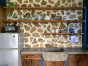 a kitchen with a refrigerator and a stone wall at Romantic Eco Sanctuary Off-Grid Mountain Retreat in Valencia
