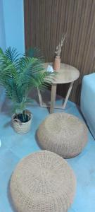 two round stools and a table with two potted plants at Alma de Mar in Necochea