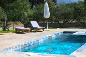a swimming pool with a chaise lounge and an umbrella at paris villas in Mitika