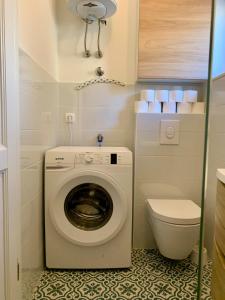 a small bathroom with a washing machine and a toilet at Vacation home ĆaĆa in Jesenice
