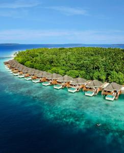 an island with a line of chairs and umbrellas in the water at Dusit Thani Maldives - 50 percent off on Transfers for Stays of 5 Nights stay until 20 December 2026 in Baa Atoll