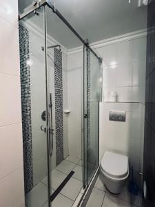 Un baño con inodoro y ducha de cristal. en studio Mamaia Solid Residence, en Mamaia