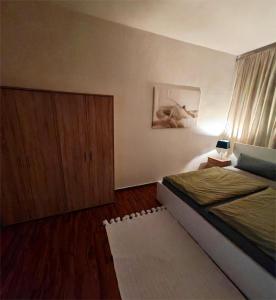 a bedroom with a bed and a cabinet and a rug at City Apartment I 75qm I Kostenloser Parkplatz I Nähe Staatstheater I WLAN in Cottbus