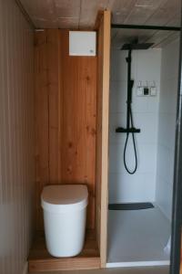 a small bathroom with a toilet and a shower at La cabane a fleur d eau au cœur de la Camargue in Saint-Gilles