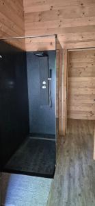 eine Glasdusche in einem Zimmer mit Holzdecke in der Unterkunft Chalet au calme in La Bresse + 9 Fotos