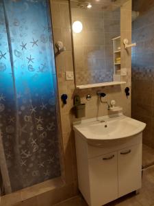 a bathroom with a sink and a shower at Apartman Sucuraj in Sućuraj