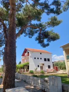 a tree in front of a white building at Apartman Sucuraj in Sućuraj
