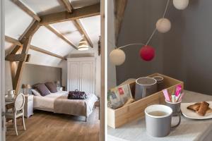 deux photos d'une chambre avec un lit et une table dans l'établissement La Cour Souveraine - Chambre d'hôtes Le Cap, à Mosles