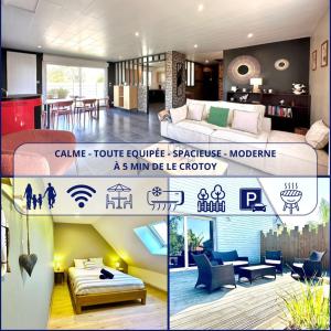 a collage of three pictures of a living room at La Framboisine - Calme -Moderne - Jardin - Wifi in Favières