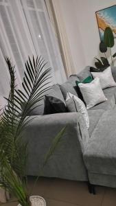 un sofá con almohadas en la sala de estar en Modern, Spacious , Executive 1Bedroom Apartment, Milimani, Kisumu, Kenya, en Kisumu