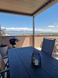 a blue table with a bird cage on top of it at Deluxe Apartment Mila in Nin