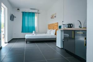 a room with a bed and a blue curtain at Le soifia in Tsingoni
