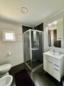 a bathroom with a shower and a toilet and a sink at Casa Ioana Moisei in Moisei +25 photos
