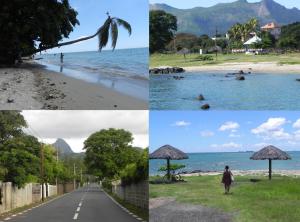 a collage of photos of a beach with a person and an umbrella at Open Air Café & Apartment 1 in Port Louis