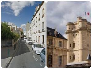 zwei Bilder eines Gebäudes und einer Straße mit Autos in der Unterkunft Le Petit Lys in Vincennes