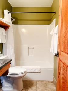 a bathroom with a white toilet and a shower at Club 51 in Mercer +5 photos