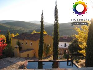a villa with a swimming pool and two cypress trees at Barrieiro - Art & Nature in Marvão