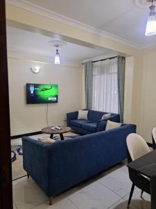 a living room with a blue couch and a tv at Angie's staycation 1br apt Milimani- Fast internet, secure parking, Free netflix in Kisumu