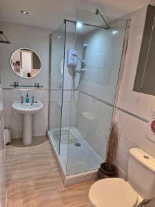 a bathroom with a shower and a sink at St Quintin Arms in Harpham