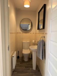 a bathroom with a toilet and a sink and a mirror at Stylish 5BR Townhouse in Manor +11 photos